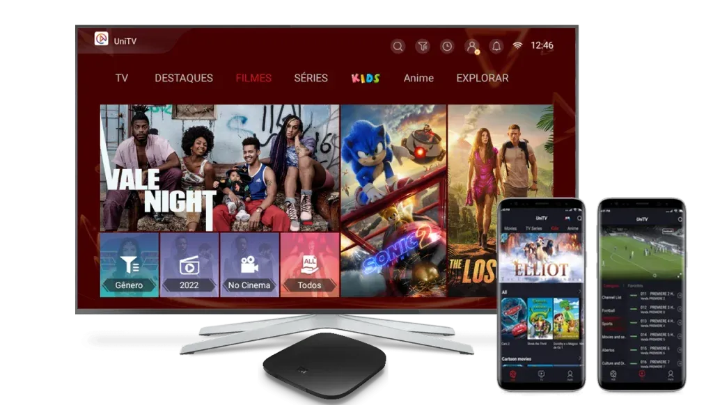 App UniTV mostrando canais ao vivo, filmes e séries disponíveis para streaming